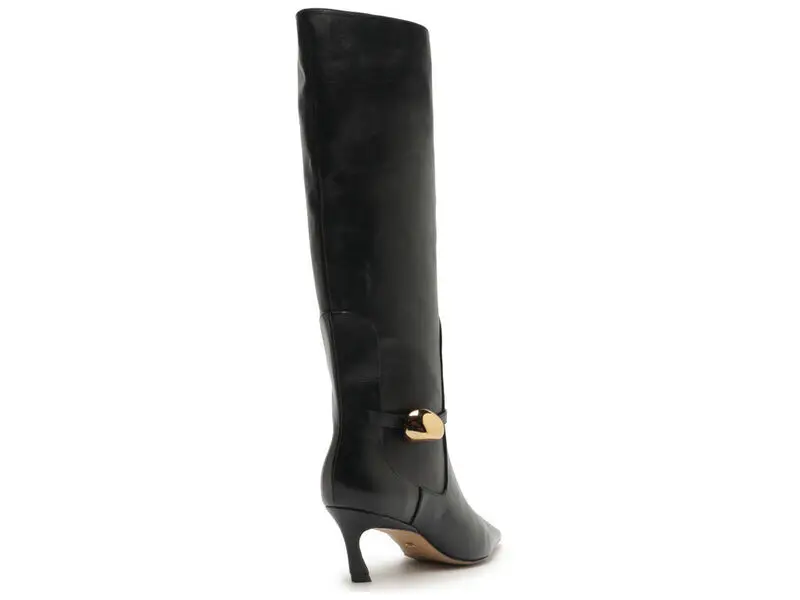 Leather Pointed-Toe Knee-High Boots with Gold Buckle 4 Image