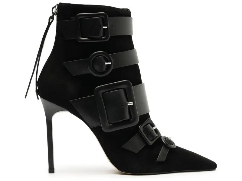 Suede Pointed-Toe Ankle Boots with Multiple Buckles 1 Image