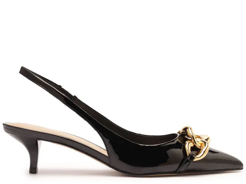 Patent Leather Slingback Heels with Gold Chain Detail 1 Image