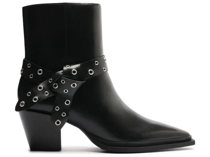 Leather Pointed-Toe Ankle Boots with a Tie-Around Studded Strap 1 Image