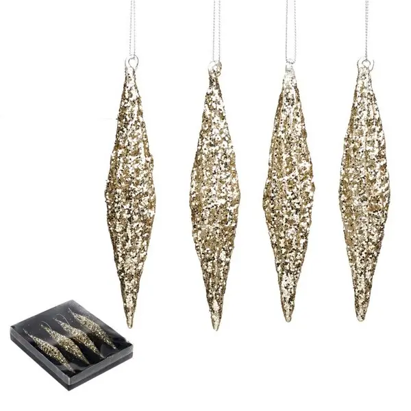 Glass Glitter Spun Icicle Ornament Box/4 Gold 15cm 1 Image