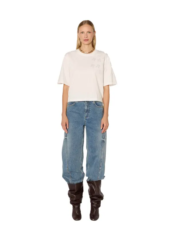 Round-neck Short Sleeve T-shirt with Rhinestone Wings on Shoulder 2 Image