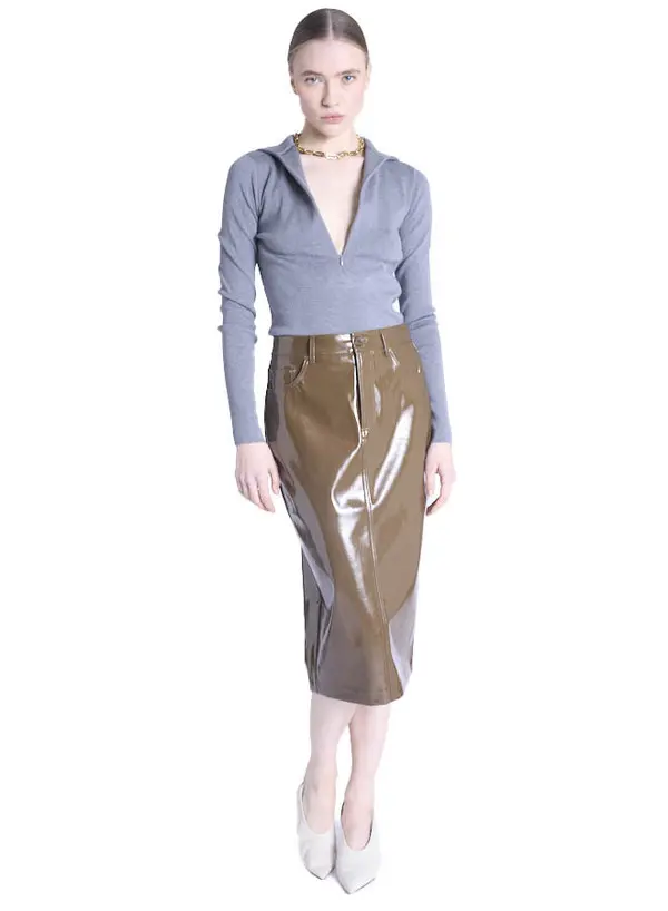 Vinyl Midi Skirt with Back Slit 2 Image