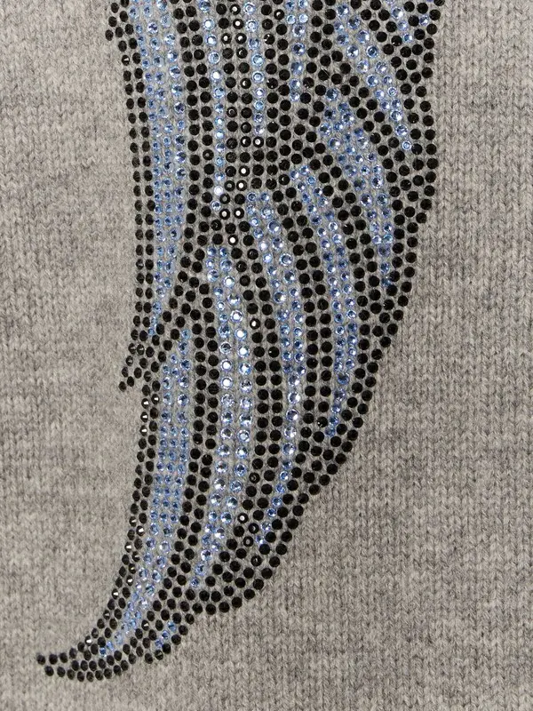 Wool V-neck Cardigan with Patch Pockets & Rhinestones 2 Image