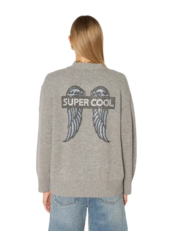 Wool V-neck Cardigan with Patch Pockets & Rhinestones 5 Image