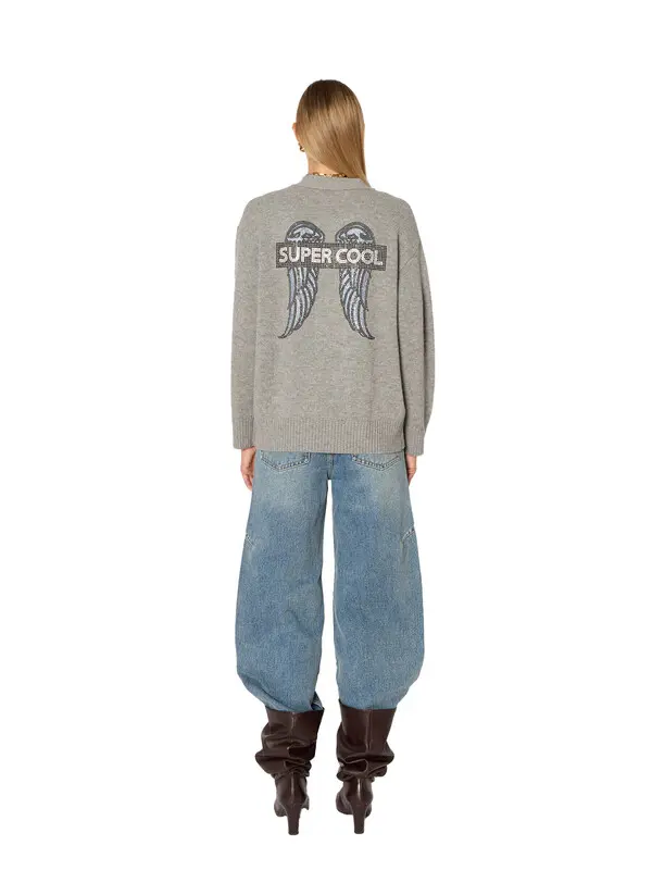 Wool V-neck Cardigan with Patch Pockets & Rhinestones 6 Image