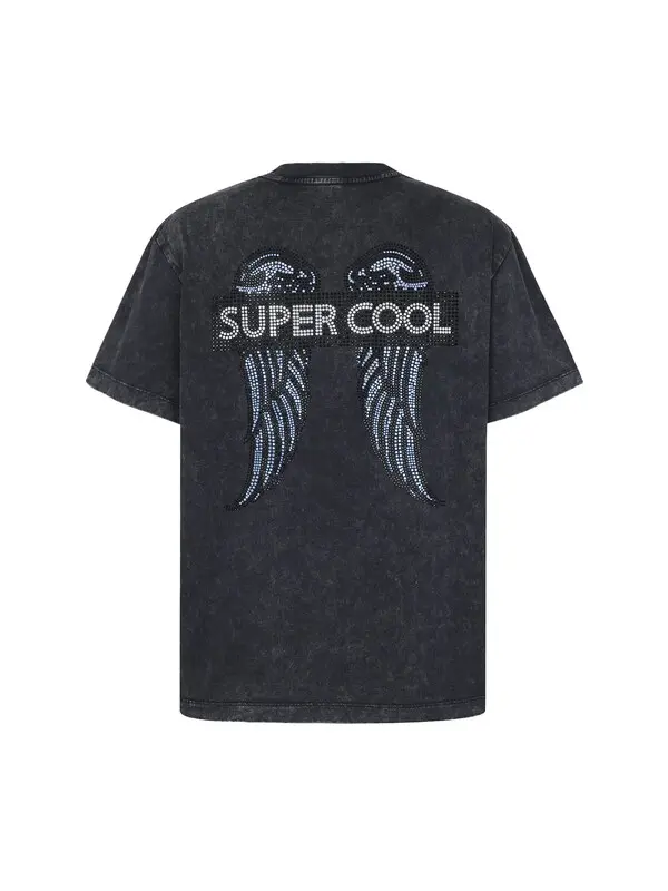 Rouns-neck Short Sleeves T-shirt with Rhinestone Wings and Print 1 Image