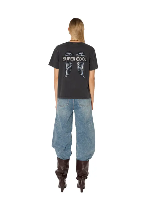 Rouns-neck Short Sleeves T-shirt with Rhinestone Wings and Print 3 Image
