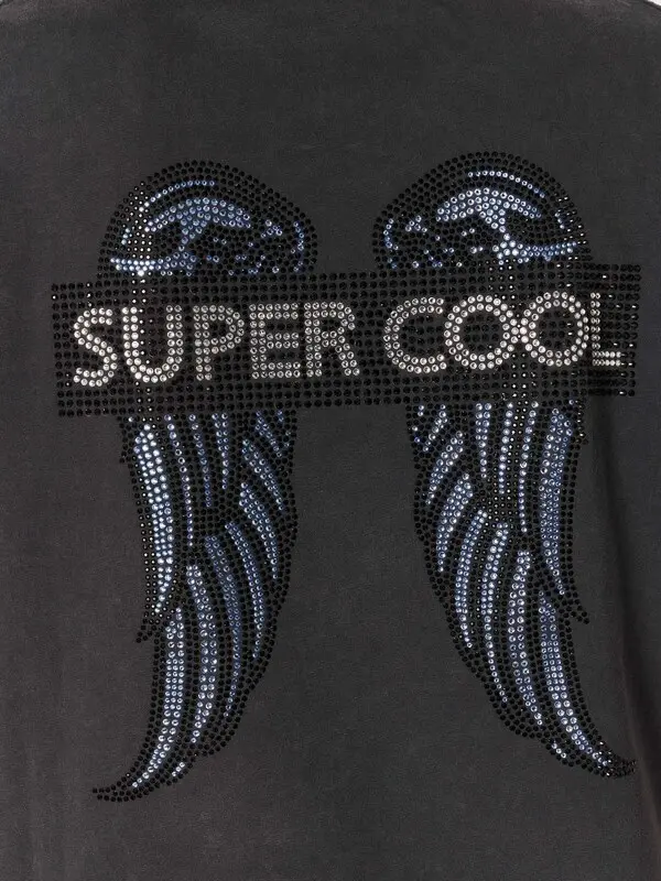Rouns-neck Short Sleeves T-shirt with Rhinestone Wings and Print 2 Image