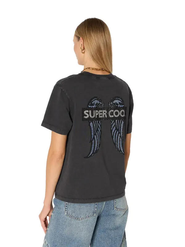 Rouns-neck Short Sleeves T-shirt with Rhinestone Wings and Print 5 Image