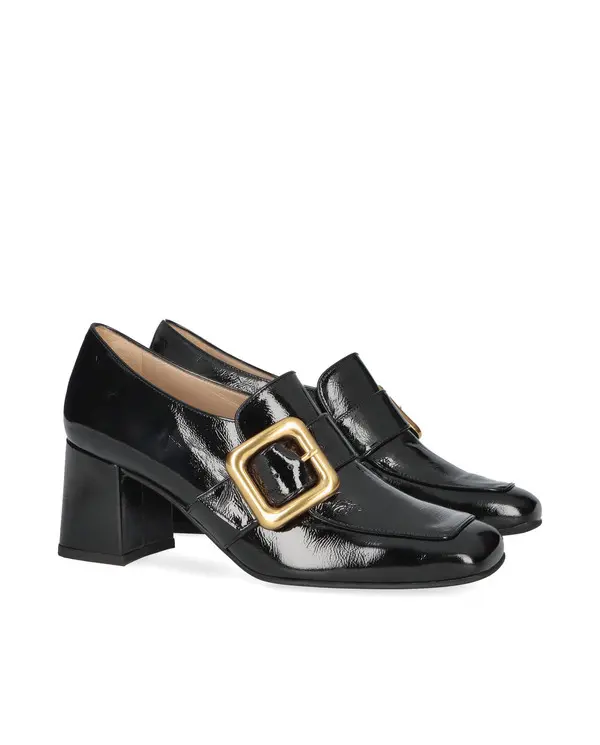 Patent Leather Block Heel Loafer Pump with Gold Buckle 2 Image
