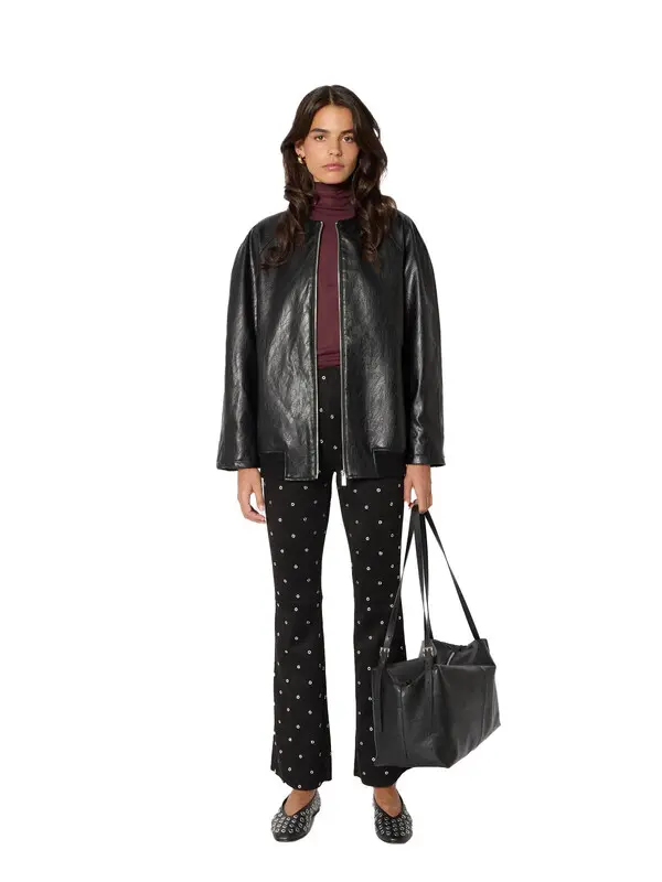 Oversized Faux Leather Jacket with Round Neck 2 Image