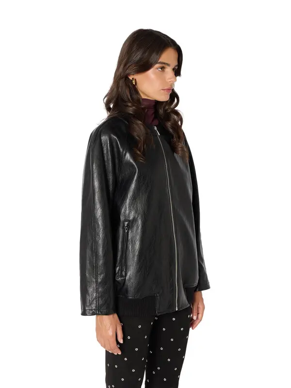 Oversized Faux Leather Jacket with Round Neck 3 Image