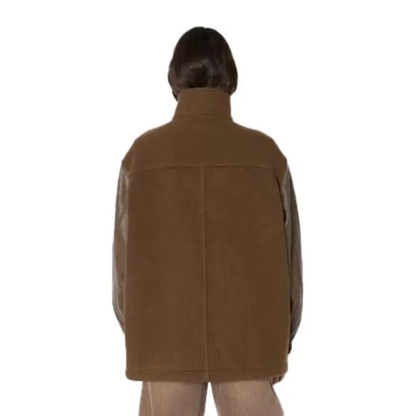 Wool Jacket with Faux Leather Sleeves and High Collar 1 Image