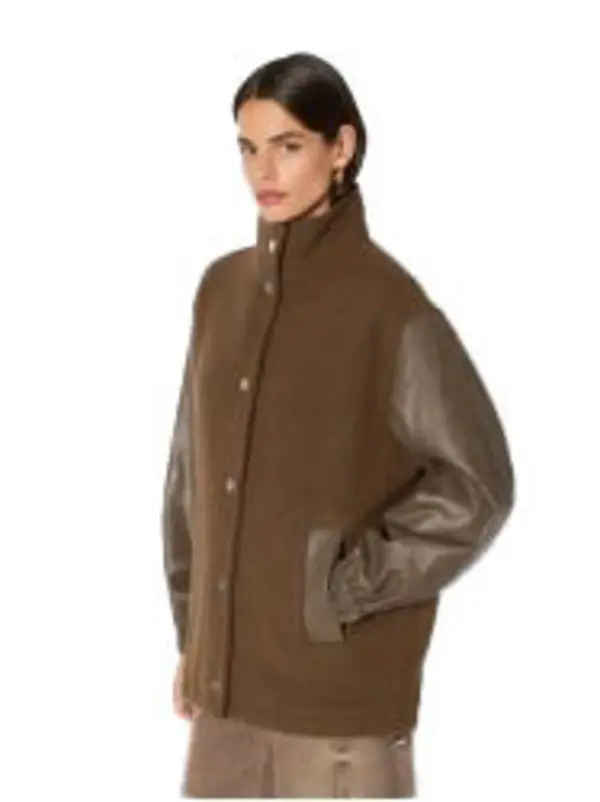 Wool Jacket with Faux Leather Sleeves and High Collar 2 Image