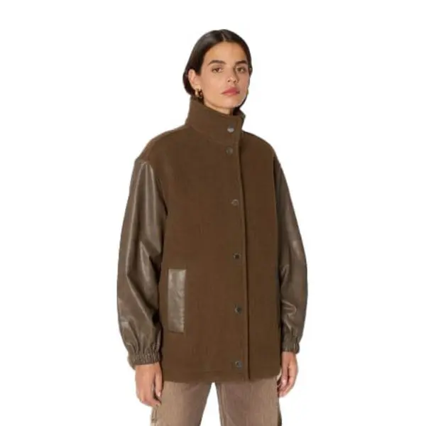 Wool Jacket with Faux Leather Sleeves and High Collar 3 Image