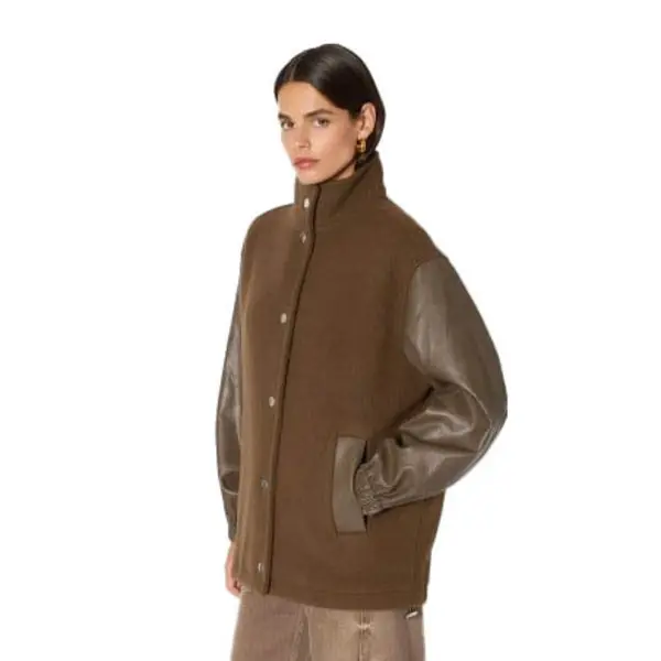 Wool Jacket with Faux Leather Sleeves and High Collar 4 Image