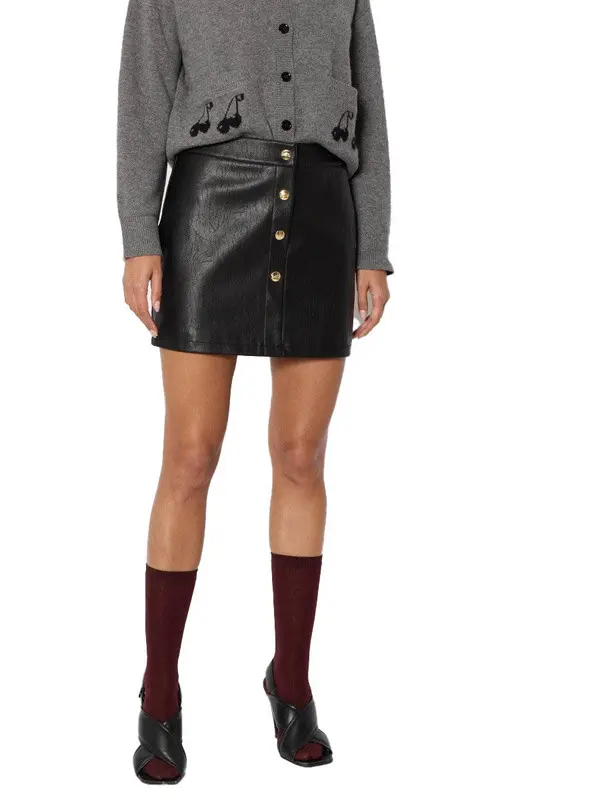 Straight Faux Leather Mini Skirt with Gold Buttons 2 Image