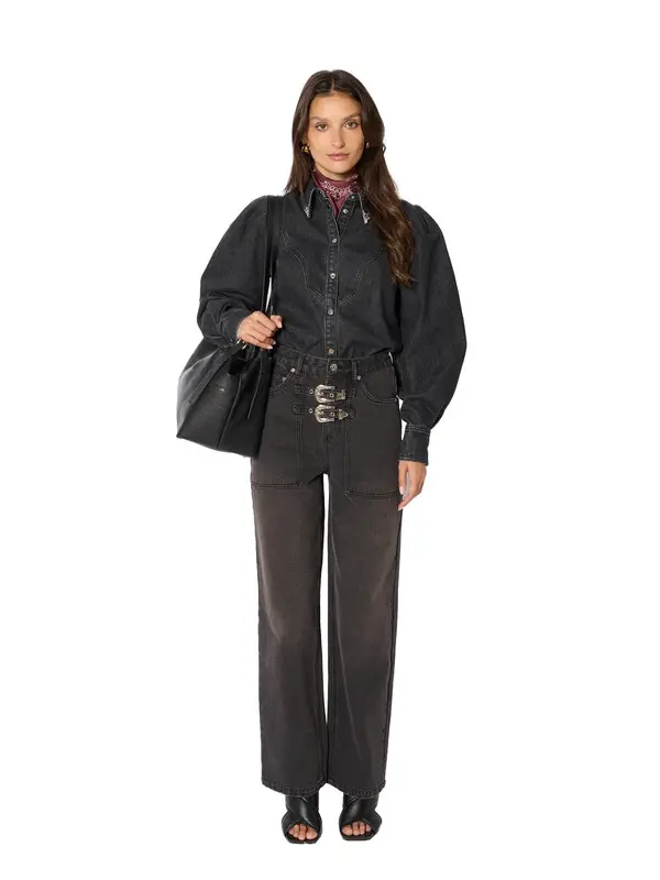 Wide Straight Jeans with Cowboy Buckle Waist Details 1 Image