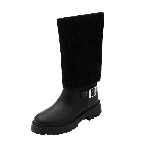 Chunky Lug Sole Combat Boot with Ribbed Knit Detail 3 Image