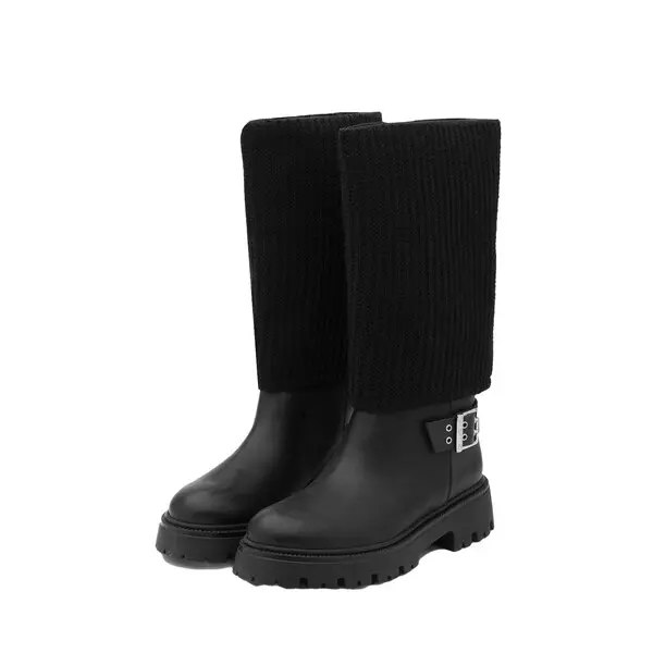 Chunky Lug Sole Combat Boot with Ribbed Knit Detail 4 Image