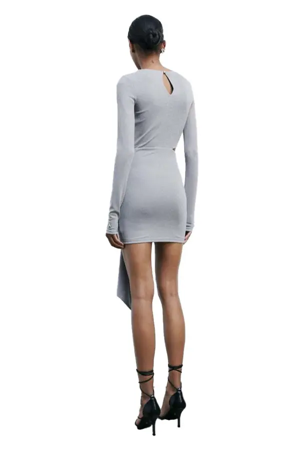 Long-Sleeve Sparkle Mini Dress with Side Cutout and Front Knot 2 Image
