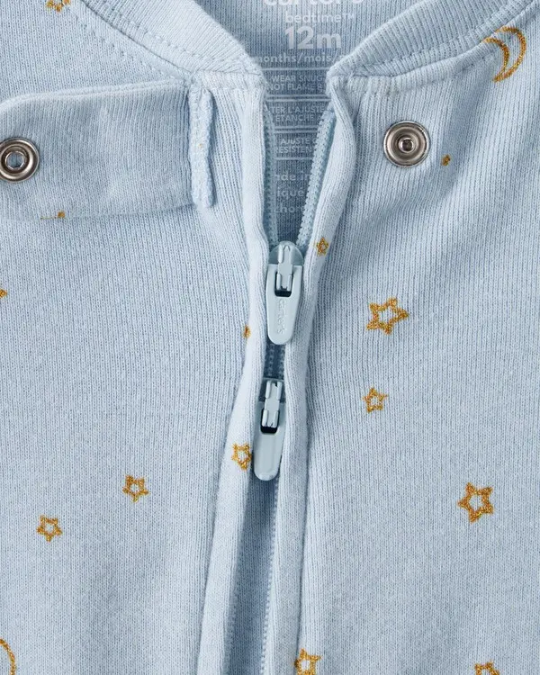 Baby Girl Unicorn Star Print 100% Cotton Long-Sleeve 2-Way Zip 1-Piece Pajamas - Blue 2 Image