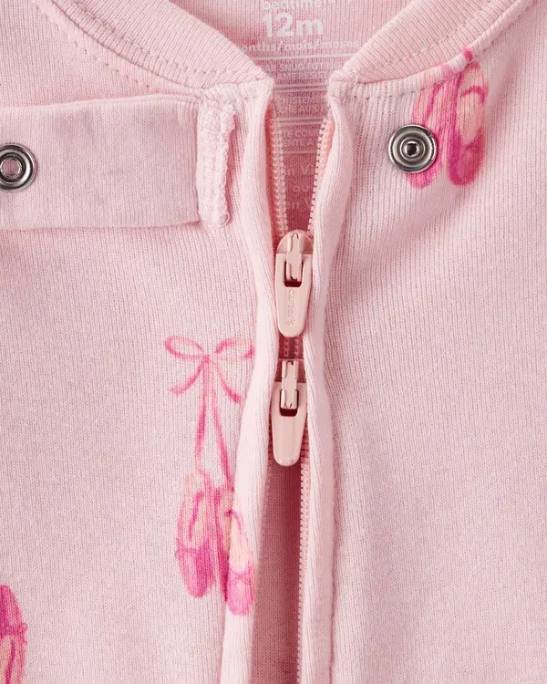 Baby Girl Ballet Print 100% Cotton Long-Sleeve 2-Way Zip 1-Piece Pajamas - Pink 1 Image