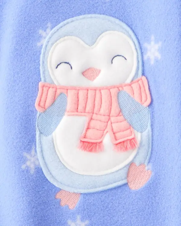 Toddler Girl Penguin Fleece Long-Sleeve Loose Fit 1-Piece Pajamas - Blue 1 Image