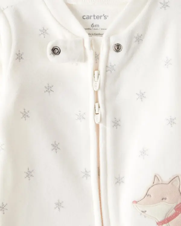 Baby Girl Fox Sparkle Print Loose Fit Long-Sleeve Sleep & Play Pajamas - White 2 Image