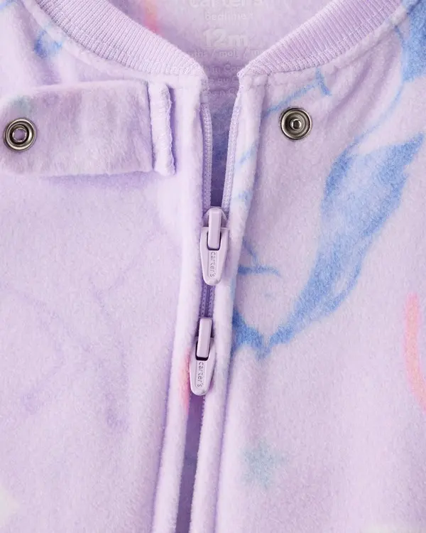 Baby Girl Unicorn Print Loose Fit Long-Sleeve 2-Way Zip 1-Piece Pajamas - Purple 1 Image