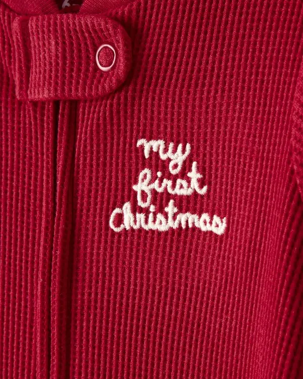 Baby My First Christmas Holiday Red Cotton Sleep & Play Pajamas - Red 2 Image
