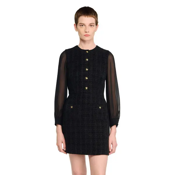 Short Tweed Buttoned Dress with Chiffon Sleeves 2 Image