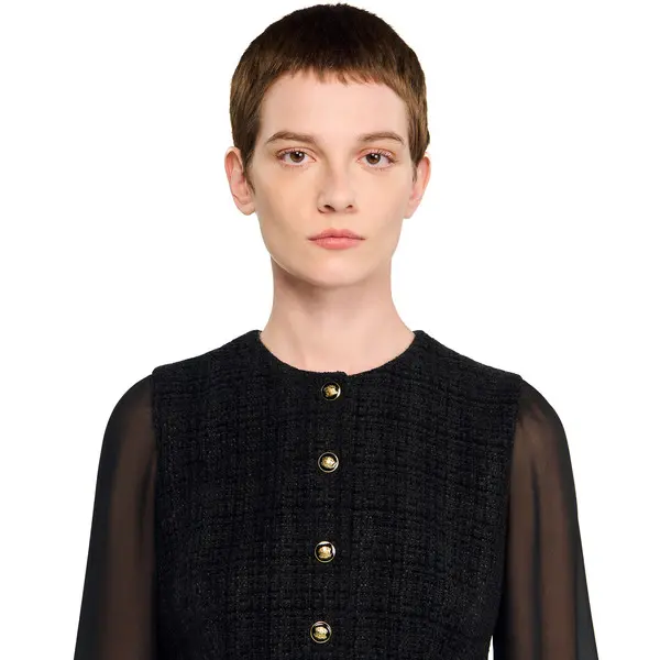 Short Tweed Buttoned Dress with Chiffon Sleeves 3 Image