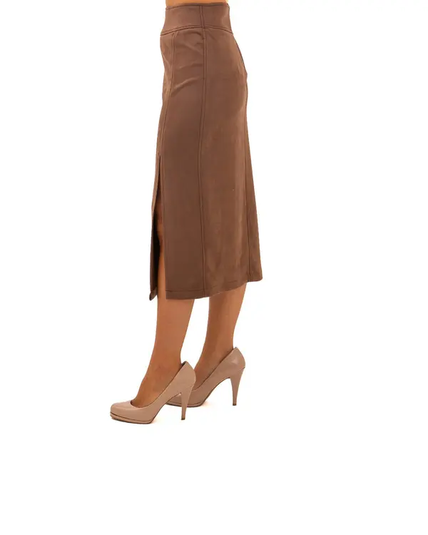 High-Waisted Faux Suede Pencil Skirt with Side Slit 2 Image
