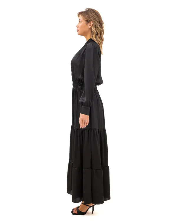 Satin Maxi Dress with Shirred Waist and Tiered Skirt 2 Image