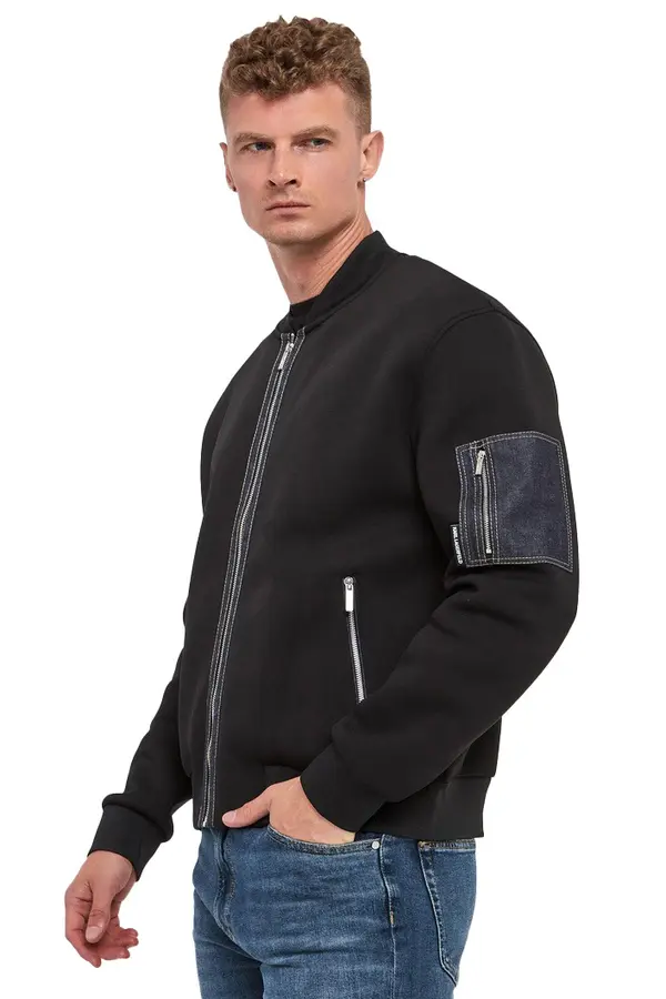 Bomber Jacket with Exposed Zippers and Denim Detail 1 Image