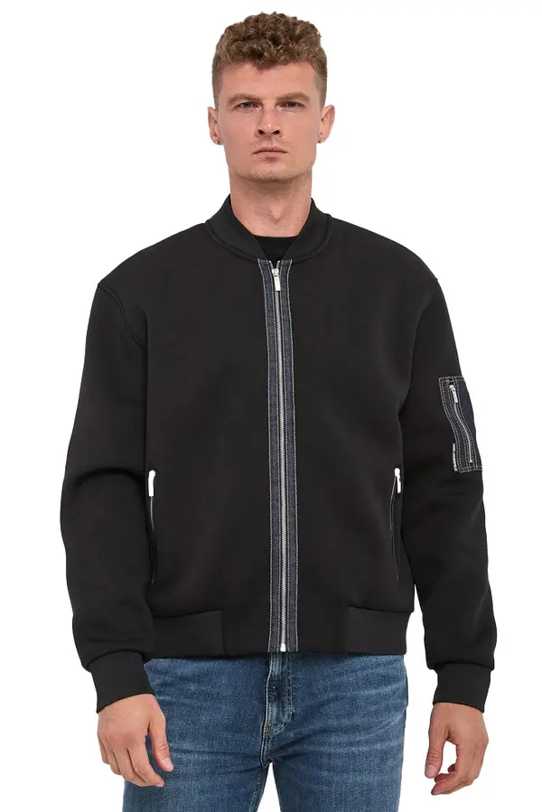 Bomber Jacket with Exposed Zippers and Denim Detail 2 Image