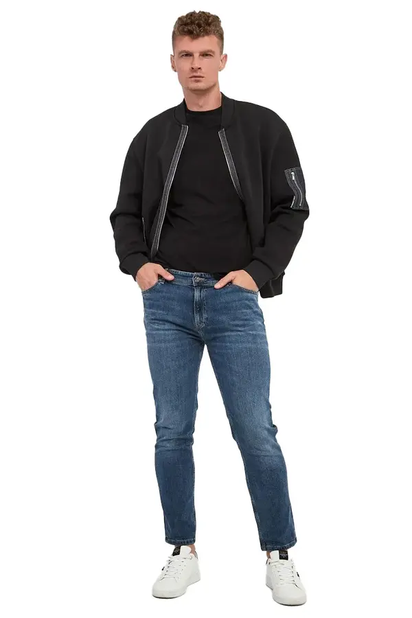 Bomber Jacket with Exposed Zippers and Denim Detail 3 Image