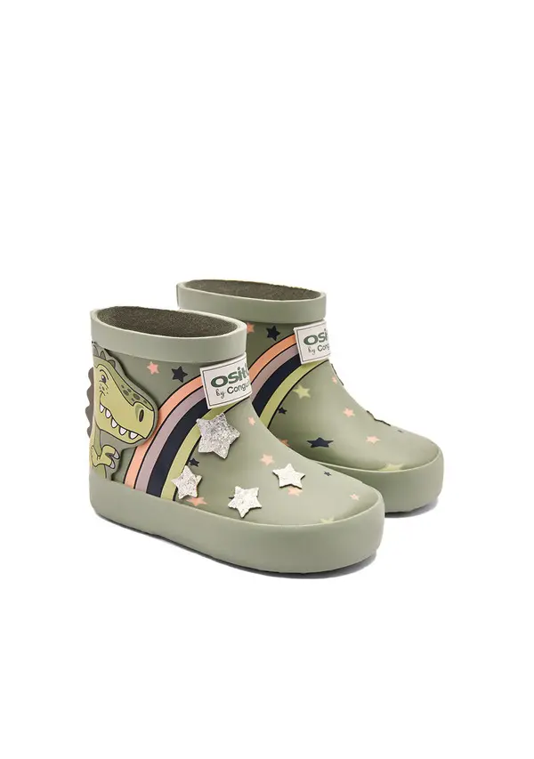 Ankle Rubber Boots with Dinosaur and Rainbow Print 2 Image