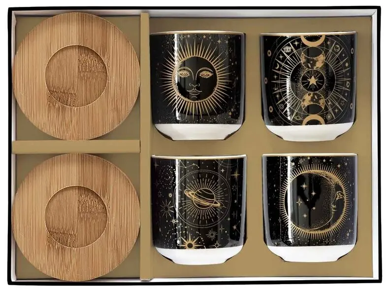 Set 4 Porc.Coffee Cups 110 Ml & Bamboo Saucers In Gift Box Celestial 1 Image