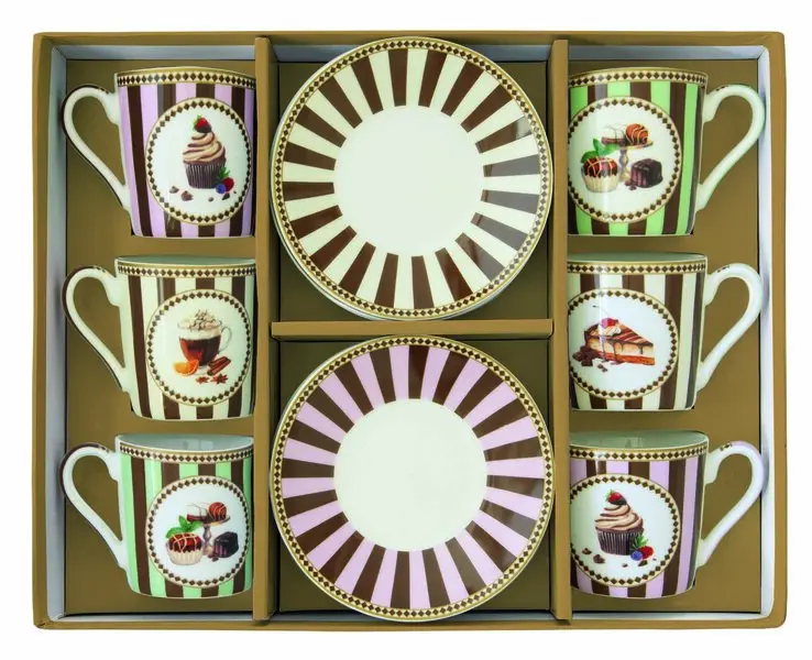 Set 6 Coffee Cups & Saucers In Porcelain 100 Ml In Gift Box Sweet Moments 1 Image