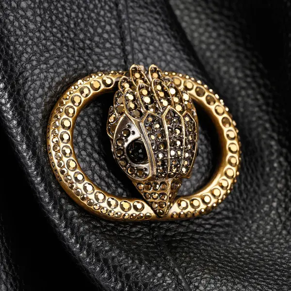 Leather Slouch Hobo Bag with Circular Gold Eagle Hardware 2 Image