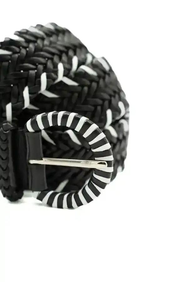 Contrasting Woven Leather Belt with Round Buckle 1 Image