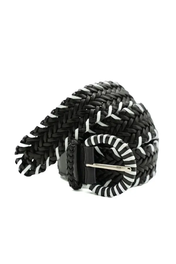 Contrasting Woven Leather Belt with Round Buckle 2 Image