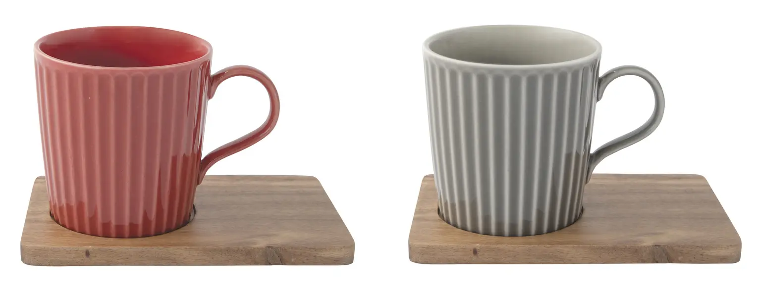 Set Of 2 Porcelain Mugs 380Ml With Acacia Saucers In Gift Box - Take A Break 1 Image