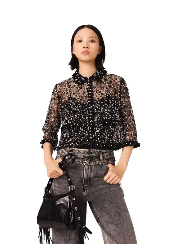 Floral Rhinestone Polo Sheer Tulle Top 1 Image