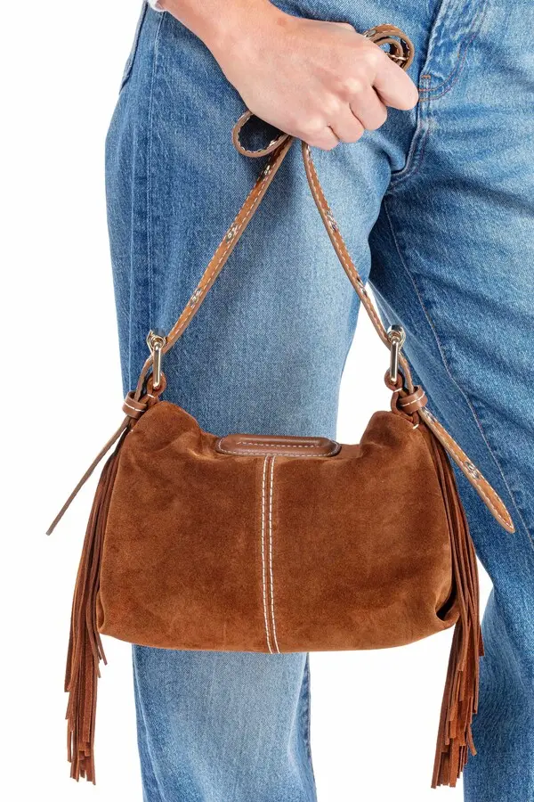Topstitched Suede Leather Fringed Shoulder Bag 1 Image