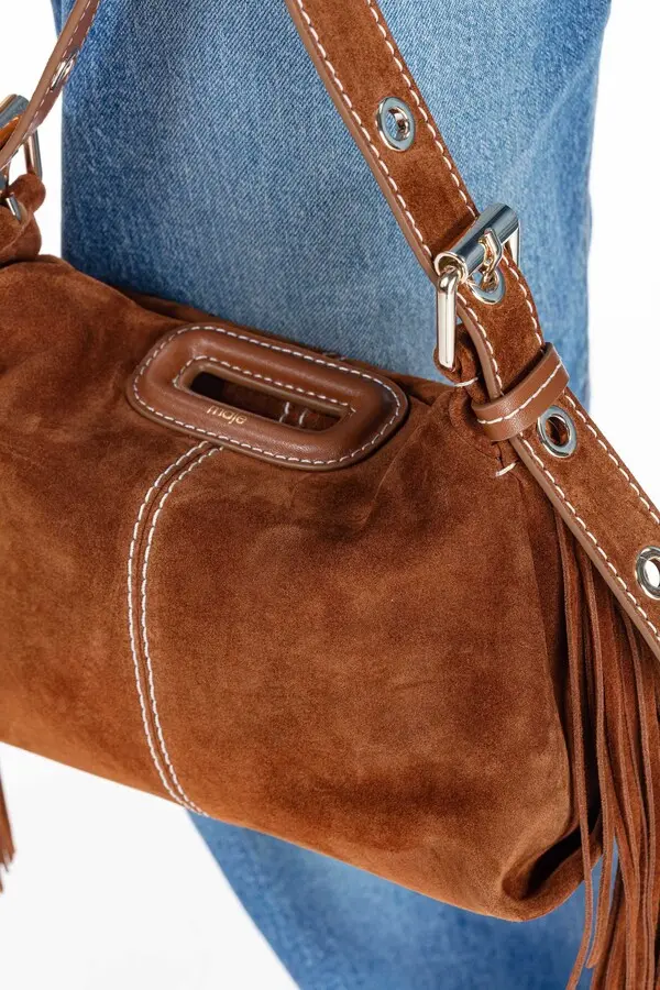Topstitched Suede Leather Fringed Shoulder Bag 2 Image
