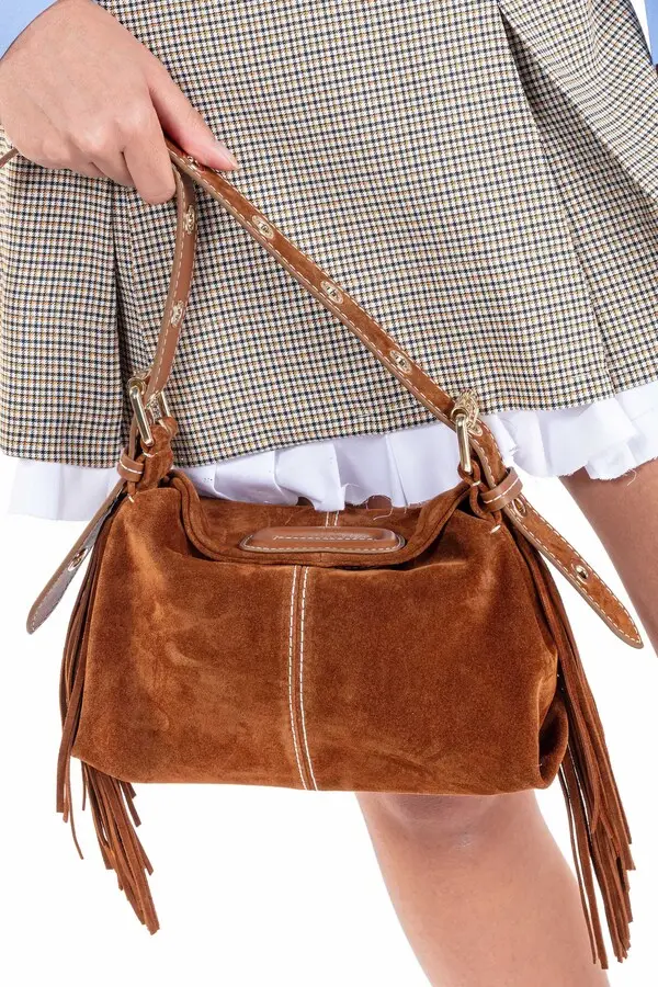 Topstitched Suede Leather Fringed Shoulder Bag 3 Image